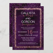 バイオレットバラ金ゴールド散布紙吹雪婚約 招待状 (正面/裏面)
