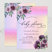 バイオレットバラ、グリッター《写真》ぼけ味ベビーシャワー 招待状 (正面/裏面)