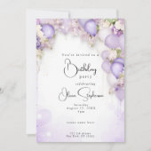 バイオレットバルーンと牡丹フローラQR誕生日 招待状 (正面)