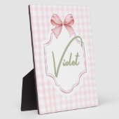 バイオレットパーソナライズされたベビーガール子供部屋ボウ&ギンガム フォトプラーク (側面)