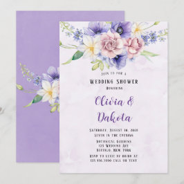 バイオレットパープルの水彩花のウェディングシャワー 招待状