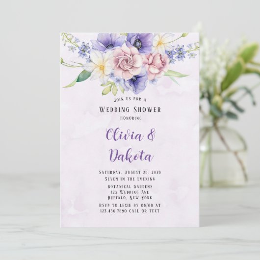 バイオレットパープルウォーター花模様ウェディングシャワー 招待状 (スタンド正面)