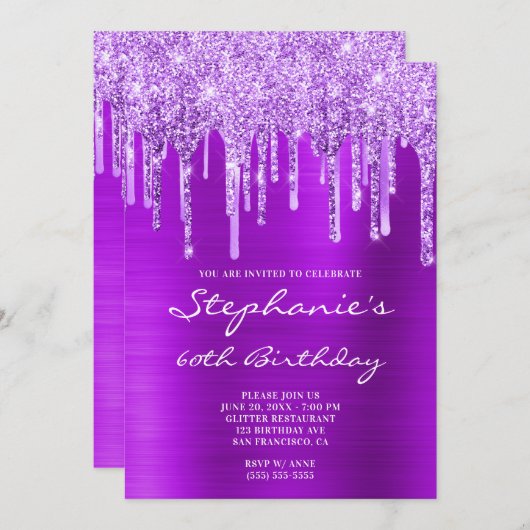 バイオレットパープルグリッターとフォイルドリップ60誕生日 招待状 (正面/裏面)