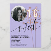バイオレットパープルスパークラースイーツ16誕生日写真 箔招待状 (正面)