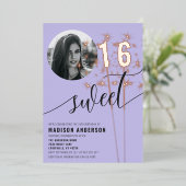 バイオレットパープルスパークラースイーツ16誕生日写真 箔招待状 (立ち正面)