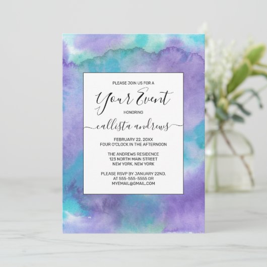 バイオレットパープルティール(緑がかった色)グリーン抽象芸術水彩 招待状 (スタンド正面)
