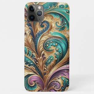 バイオレットパープルティール(緑がかった色)ブルーグリーン金ゴールドペイズリーパターン iPhone 11 PRO MAXケース