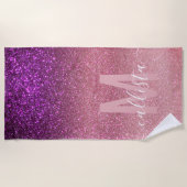 バイオレットパープルピンクトリプルグリッターモノグラムグラデーション ビーチタオル (正面)