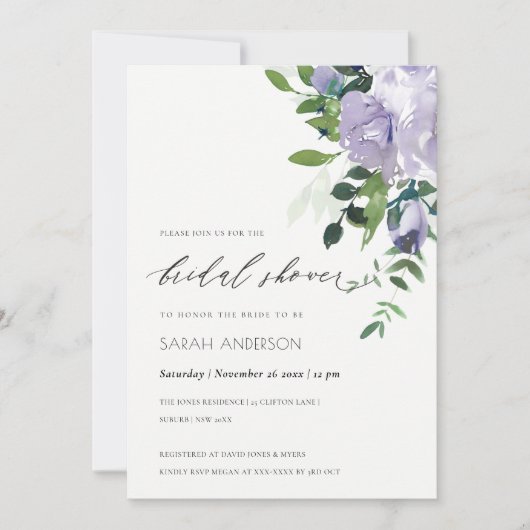 バイオレットパープルフローラリーフィーブライダルシャワー招待状 サンキューカード (正面)