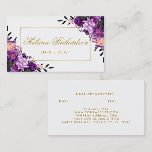 バイオレットパープルフローラ美容師アポイントメント 予約カード (正面/裏面)