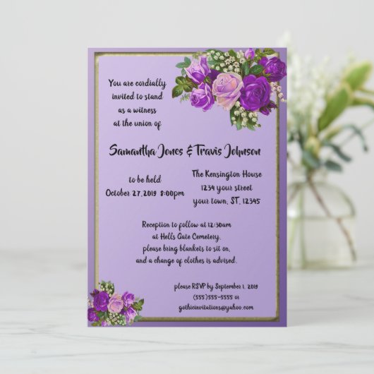 バイオレットパープルヴィンテージバラゴシック結婚式招待状 招待状 (スタンド正面)