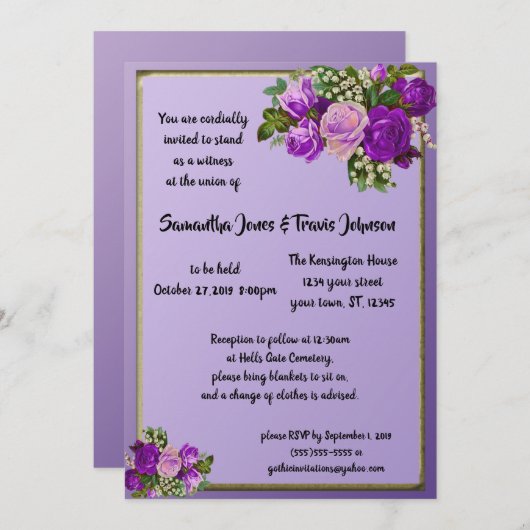 バイオレットパープルヴィンテージバラゴシック結婚式招待状 招待状 (正面/裏面)