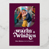 バイオレットパープル&シルバーのモダンレトロクリスマスフォト 箔シーズンカード (正面)