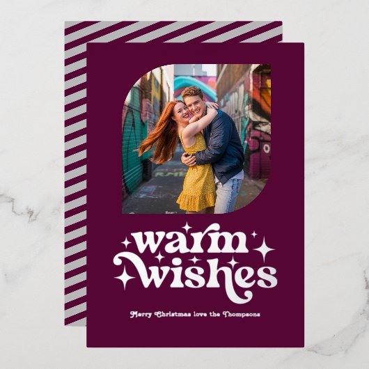 バイオレットパープル&シルバーのモダンレトロクリスマスフォト 箔シーズンカード (正面/裏面)