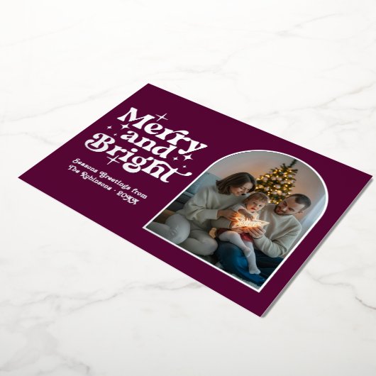バイオレットパープル&シルバーのモダン レトロ クリスマス フォト 箔シーズンカード (回転した状態)