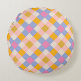 バイオレットピンクイエローチェック ラウンドクッション