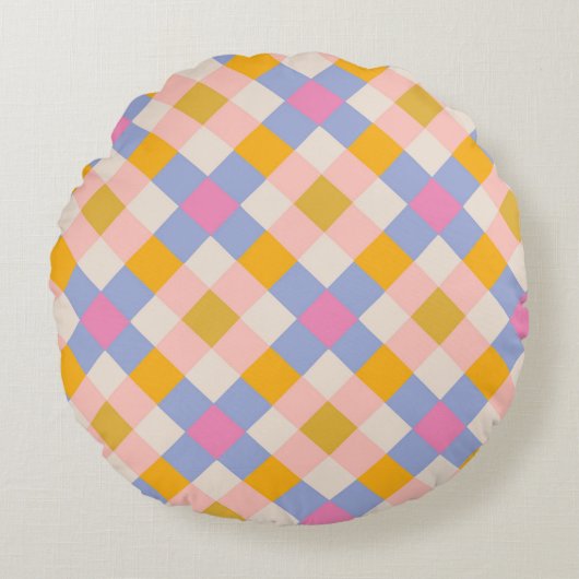 バイオレットピンクイエローチェック ラウンドクッション (正面)