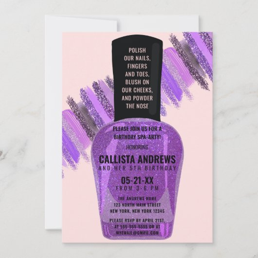 バイオレットピンクグリッター爪、 ネイルポーランドスパデイ誕生日 招待状 (正面)