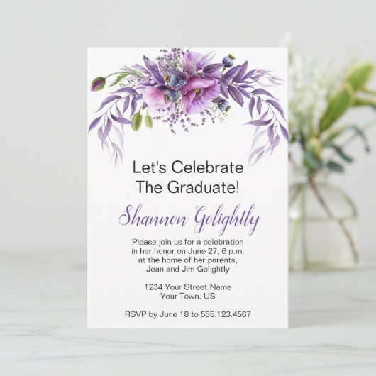 バイオレットピンクパープルワイルドフラワーズ卒業パーティー 招待状 (スタンド正面)