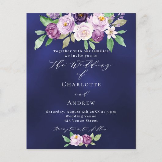 バイオレットピンクフローラブルー予算結婚式招待状 (正面)