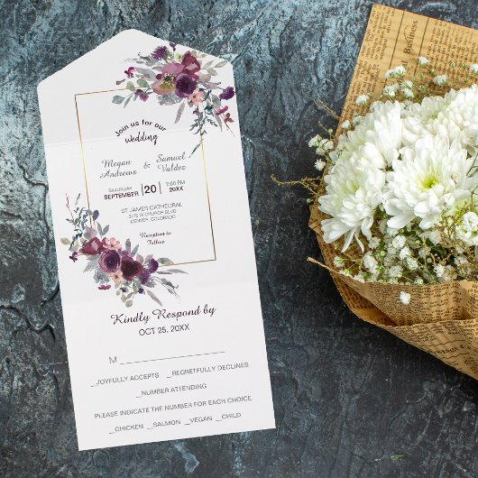 バイオレットピンクブルーフローラ金ゴールドフレ結婚ーム オールインワン招待状