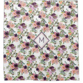 バイオレットピンクラベンダーバラパターンモノグラム シャワーカーテン (正面)