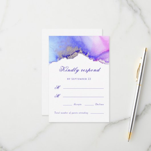 バイオレットピンク抽象芸術ウェディングRSVPカード 出欠カード (正面/裏面インサイチュ)