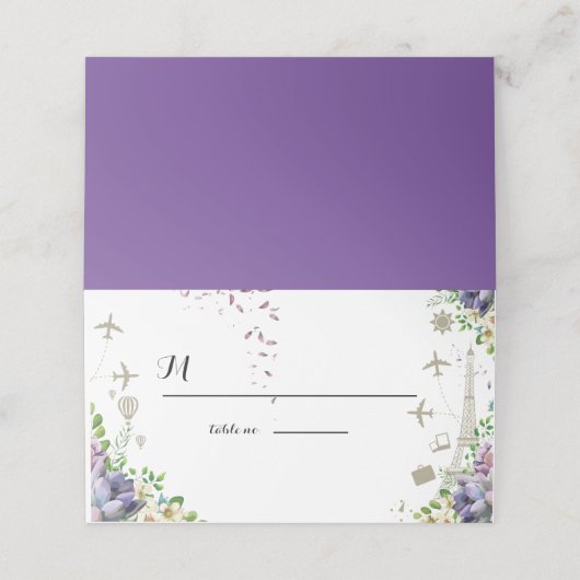 バイオレットフローラと旅行をテーマにした結婚式招待状 プレイスカード (外部開封)