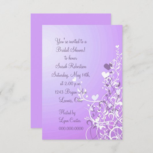 バイオレットフローラハート旋回ブライダルシャワー招待 招待状 (正面/裏面)