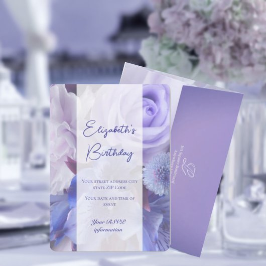 バイオレットブルーバラ誕生日招待状カード サンキューカード