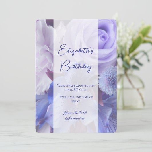 バイオレットブルーバラ誕生日招待状カード サンキューカード (スタンド正面)