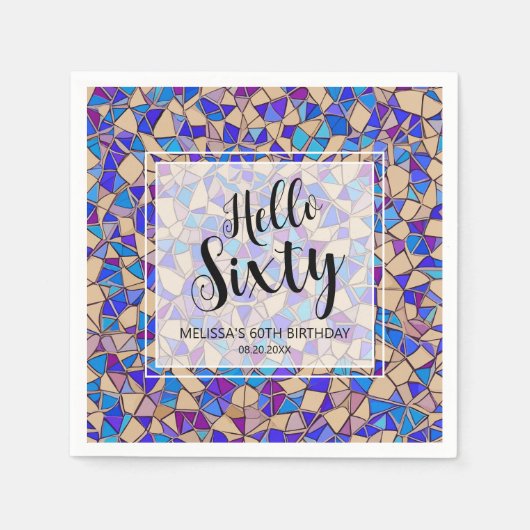 バイオレットブルーモザイクハロー60誕生日 スタンダードカクテルナプキン (正面)