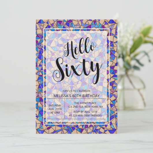 バイオレットブルーモザイクハロー60誕生日 招待状 (スタンド正面)