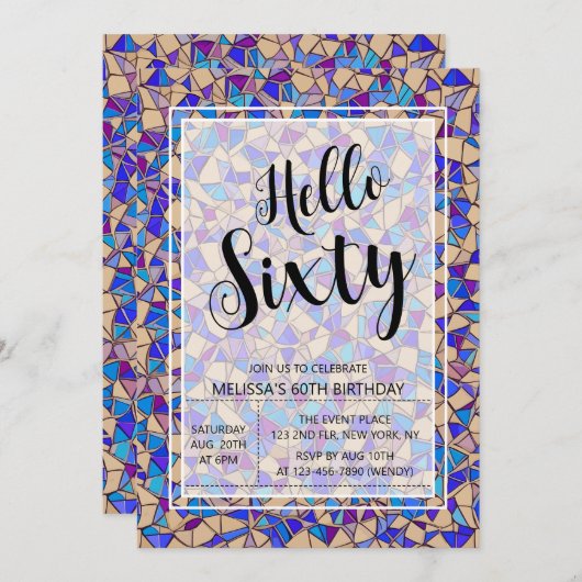 バイオレットブルーモザイクハロー60誕生日 招待状 (正面/裏面)