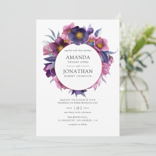 バイオレットプラムウォーター色のフローラ結婚ズ 招待状 (スタンド正面)