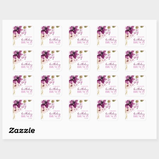 バイオレットマゼンタパープルフローラ誕生日ブランチ スクエアシール (シート)