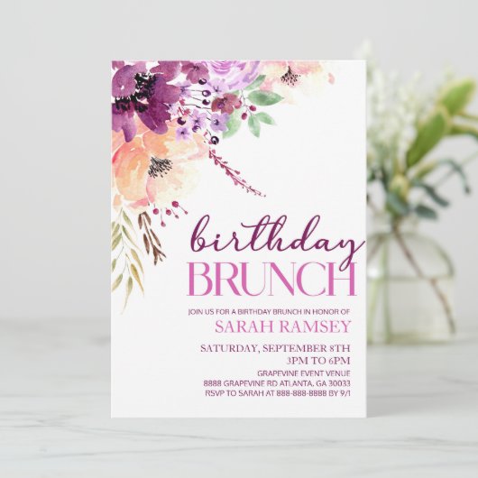 バイオレットマゼンタパープルフローラ誕生日ブランチ 招待状 (スタンド正面)