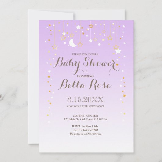 バイオレットムーンスターガールベビーシャワー招待状 招待状 (正面)