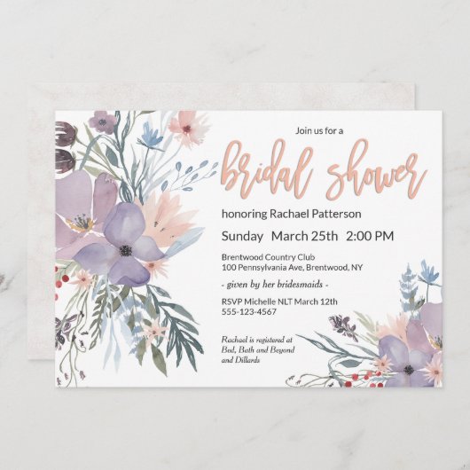 バイオレットメドウウォーターカラーフローラブライダルシャワー 招待状 (正面/裏面)