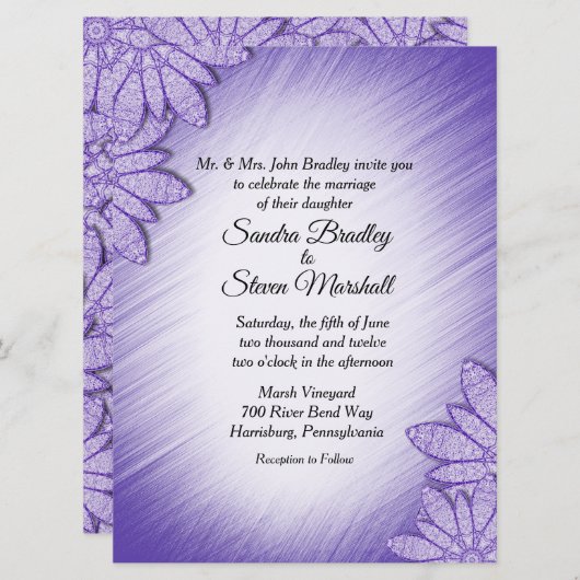 バイオレットユニーク色相フローラアクセント結婚式招待状 招待状 (正面/裏面)