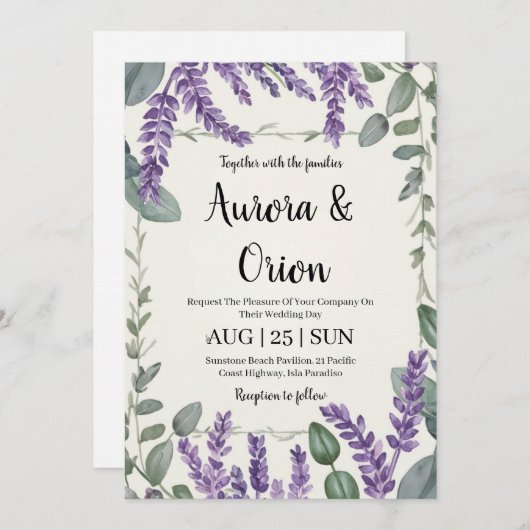 バイオレットラベンダーおよびユーカリ結婚式招待状 招待状 (正面/裏面)
