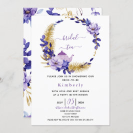 バイオレットラベンダー&ゴールドフローラルブライダルティー 招待状