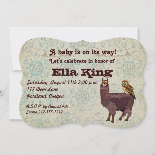 バイオレットラマ&フクロウフローラベビー招待状 招待状 (正面)