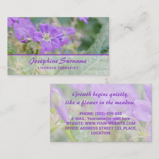 バイオレットワイルドフラワーフォトかわいらしセラピスト 名刺 (正面/裏面)