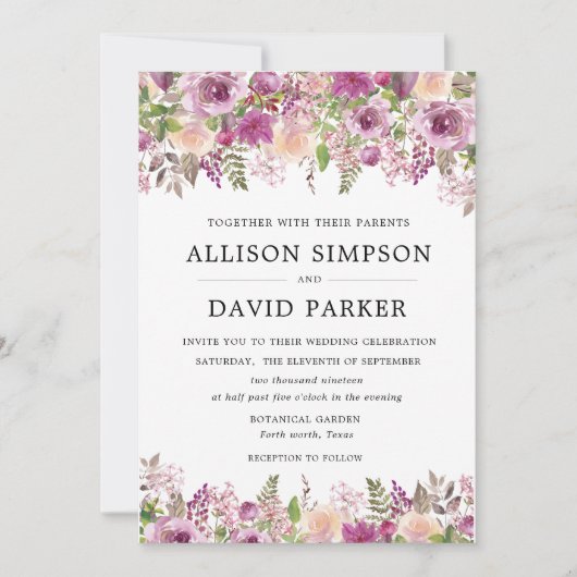 バイオレット水カラーフローラ結婚式招待状カード 招待状 (正面)