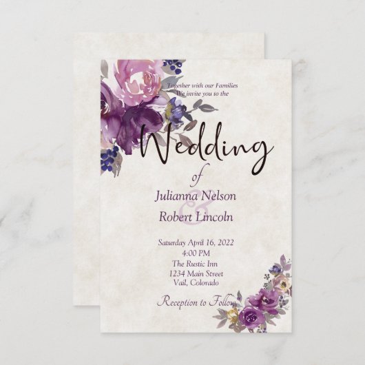バイオレット水色フローラ結婚式招待状 招待状 (正面/裏面)