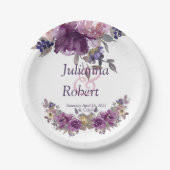 バイオレット水色フローラ結婚紙プレート ペーパープレート (正面)