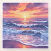 バイオレット潮 | 紫色の日没海波絵を描 ガラスコースター (正面)