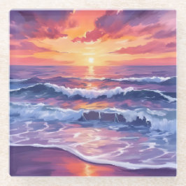 バイオレット潮 | 紫色の日没海波絵を描 ガラスコースター