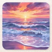 バイオレット潮 | 紫色の日没海波絵を描 スクエアペーパーコースター (正面)